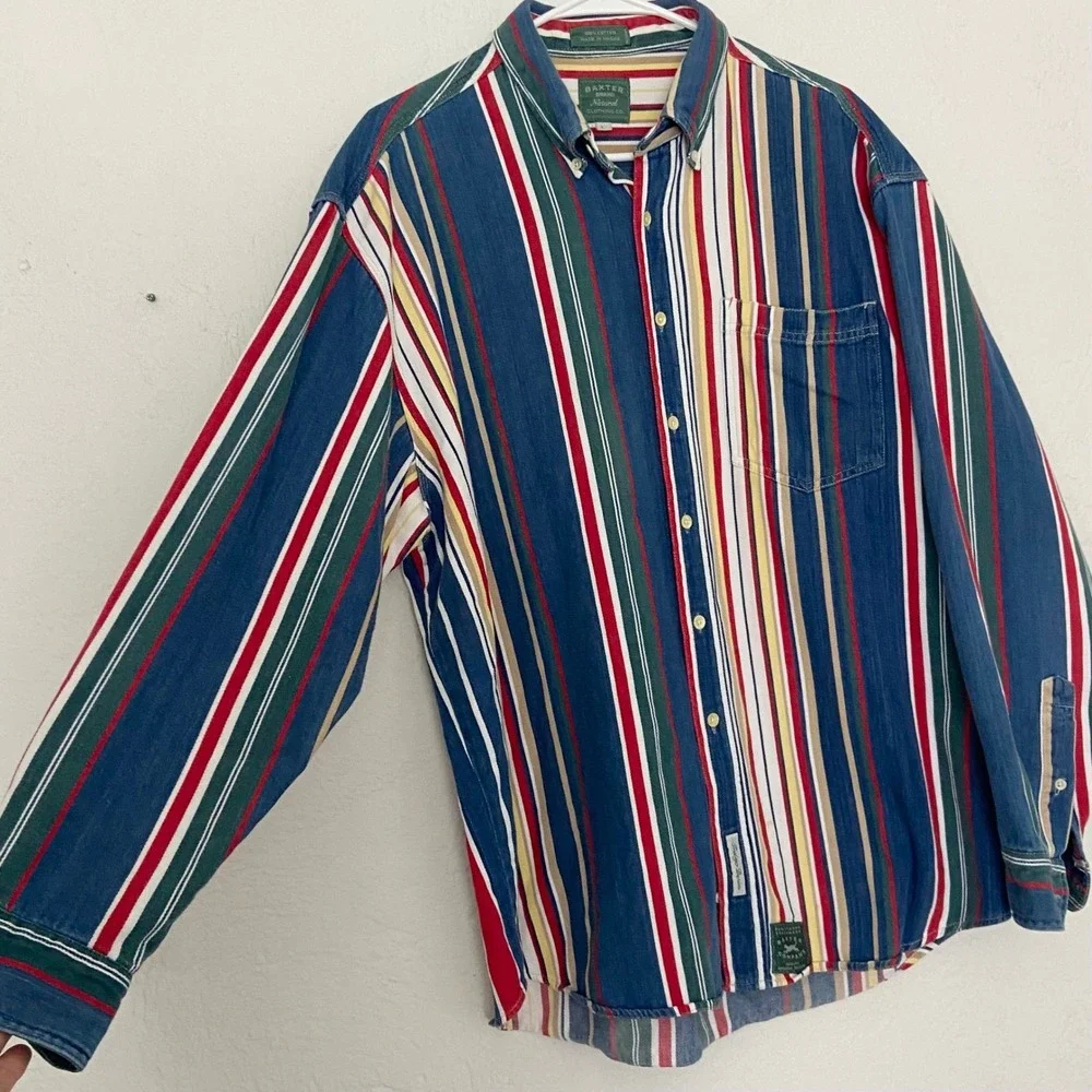 Baxter Natural Indigo Cotton Denim Striped Button Down‎ Shirt Mens L Multicolor